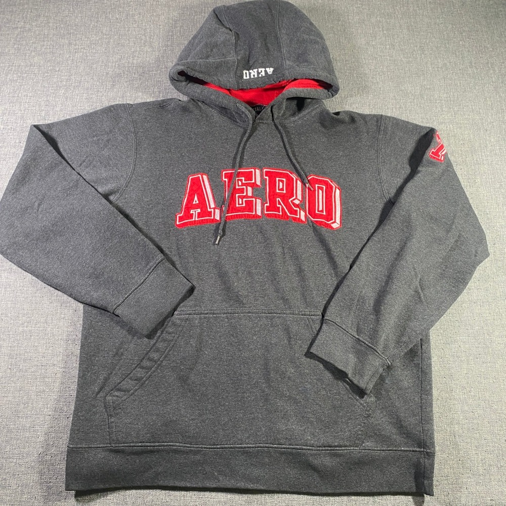 Aeropostale Gray Hoodie Pullover Sweatshirt Red Logo Number 87 Mens